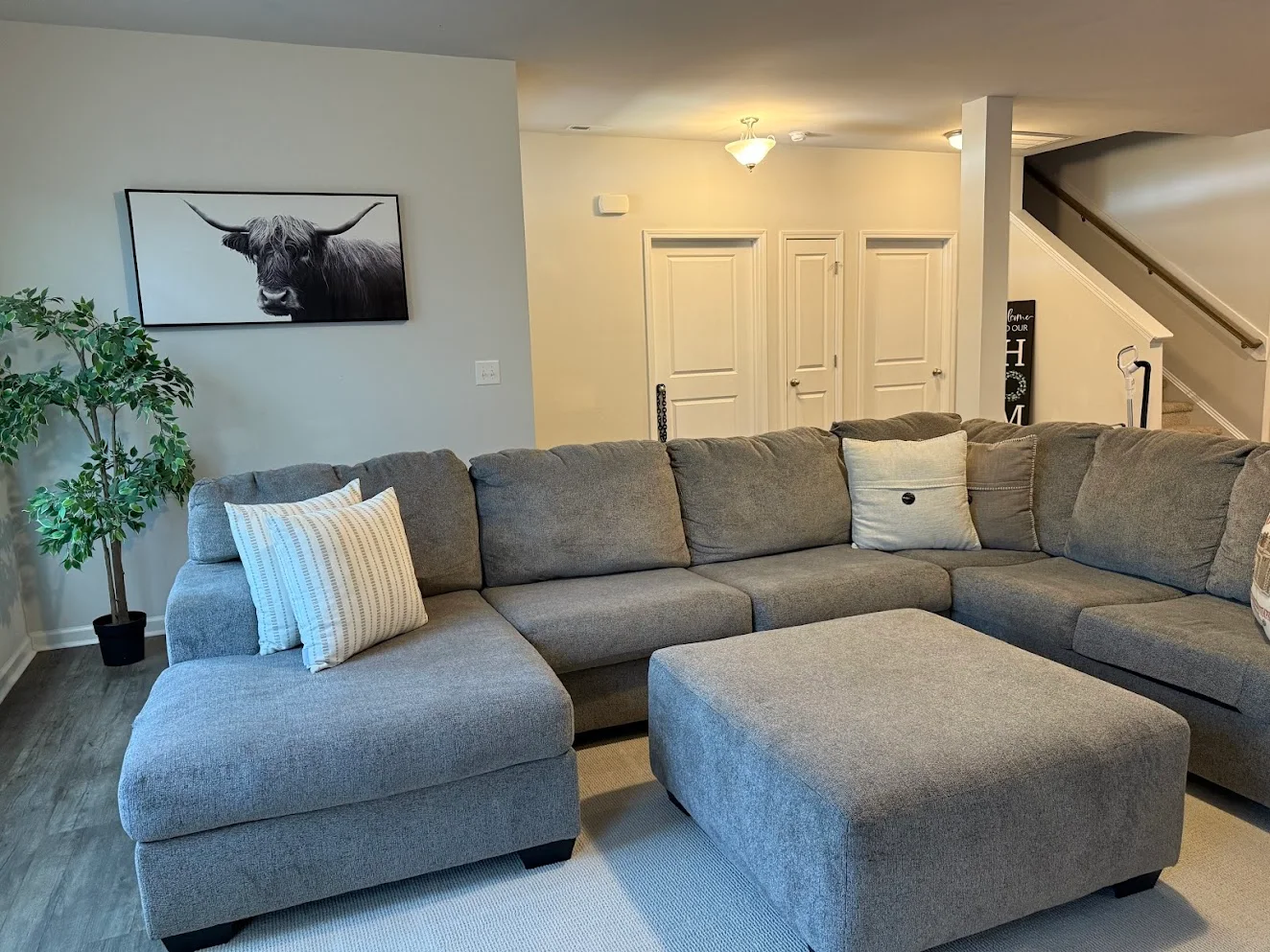 A living room with a grey sectional sofa, cleaned by the Immaculate team